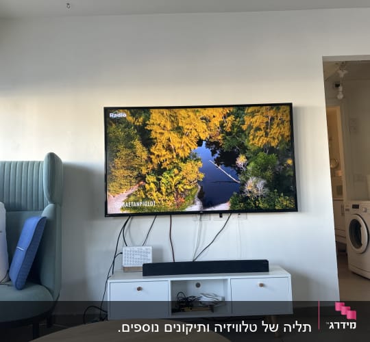 טלוויזיה תלויה על הקיר עם כבלים חשופים